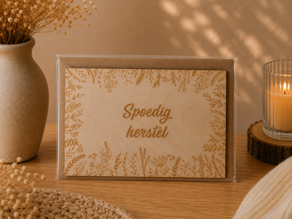 Houten wenskaart : spoedig herstel