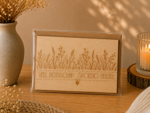 Houten wenskaart : veel beterschap spoedig herstel