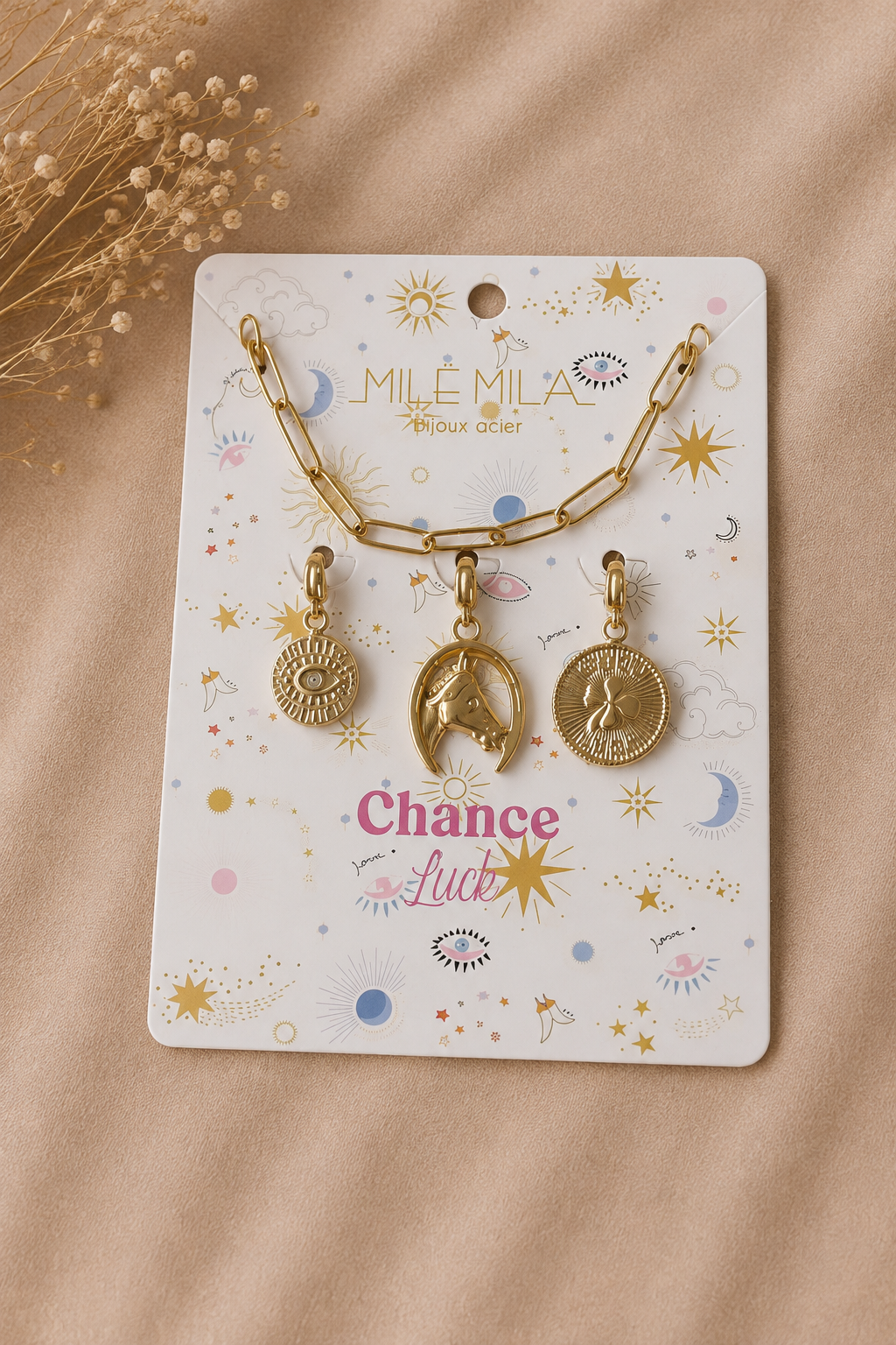 Ketting met 3 bedels chance luck