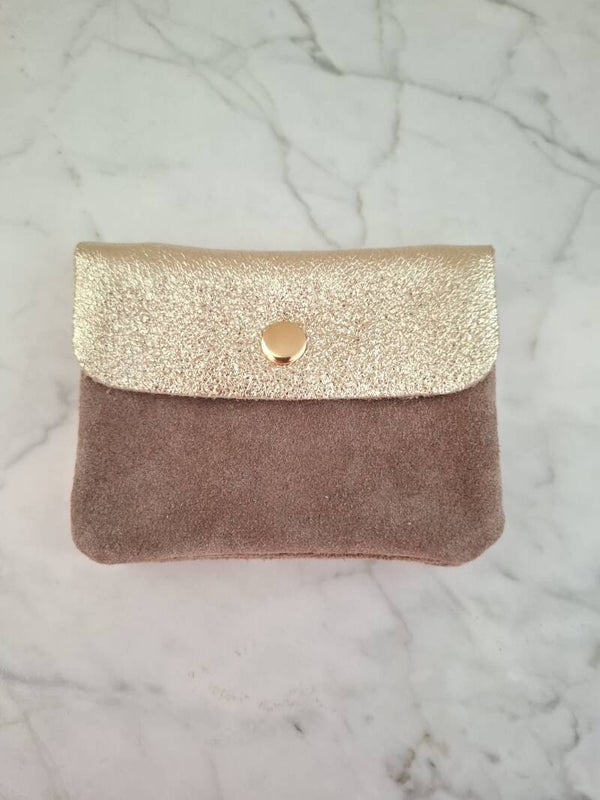 Portemonnee - klein model - suède bruin + goud