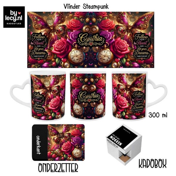 🦋🌹 Steampunk Vlinder hartoor Mok set🌹🦋 met Naam