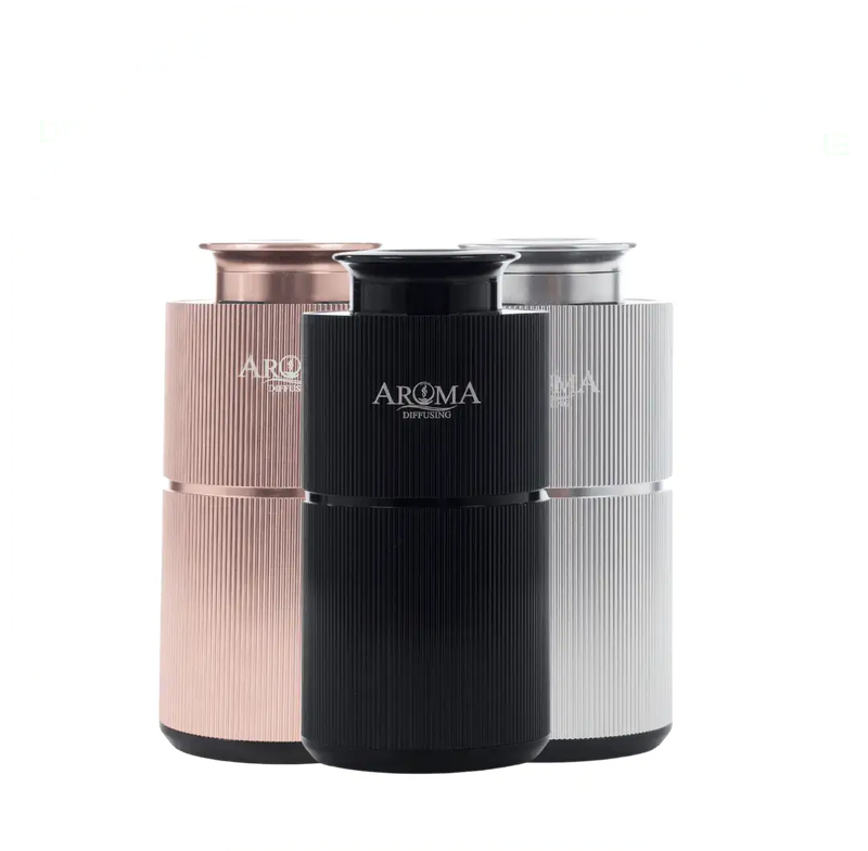 Mini aroma diffusers in zwart, zilver en roségoud – compact en stijlvol – Petfood Joëlle Goutum