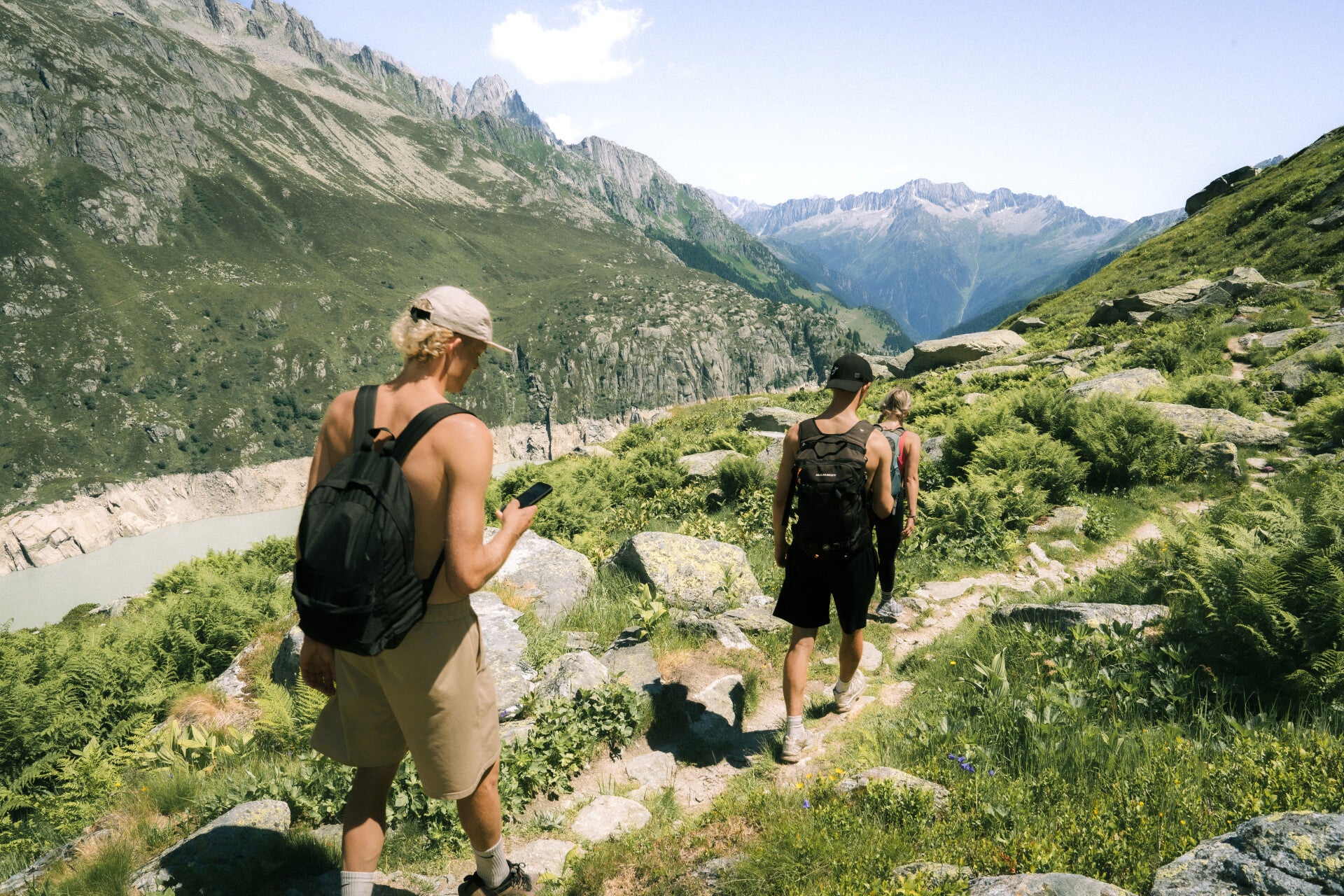 Hikers crossing a green Swiss Alpine landscape on a guided day hike