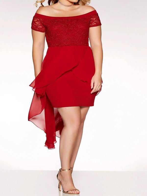Quiz BERRY RED Curve Glitter Lace Bodice Extreme Hem Dress