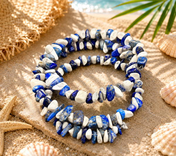 💙 BRACELET MULTI TOURS RÉGLABLE LAPIS-LAZULI & HOWLITE PERLES CHIPS 💙