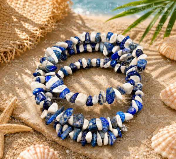 💙 BRACELET MULTI TOURS RÉGLABLE LAPIS-LAZULI & HOWLITE PERLES CHIPS 💙