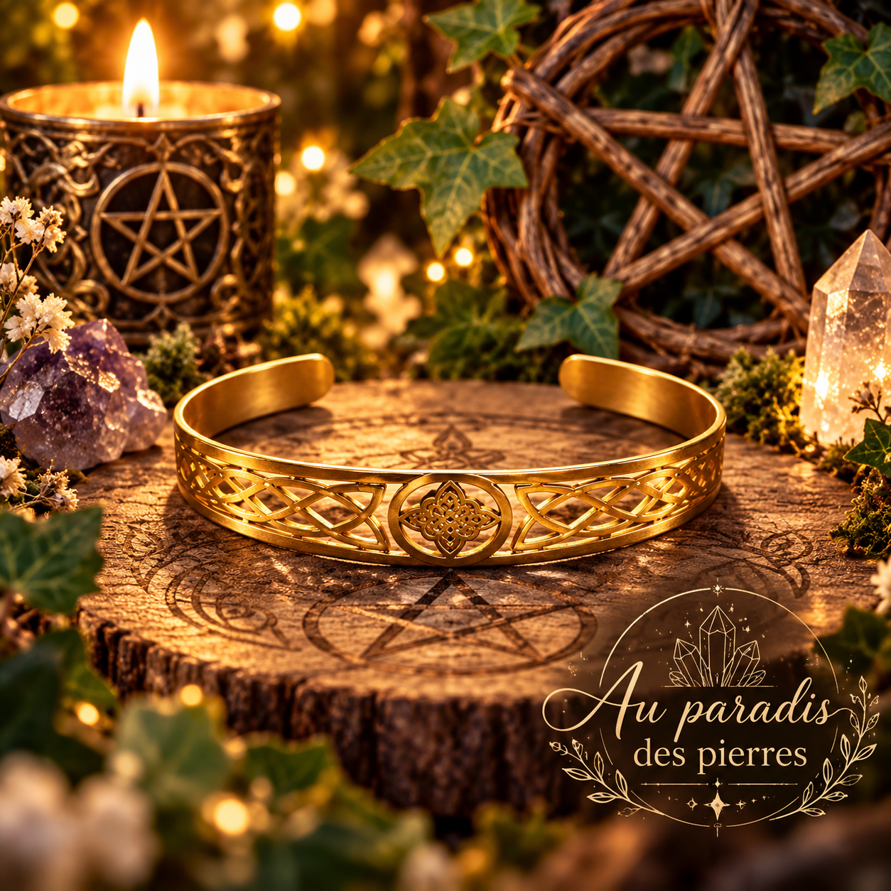 Bracelet réglable noeud de sorciere dore