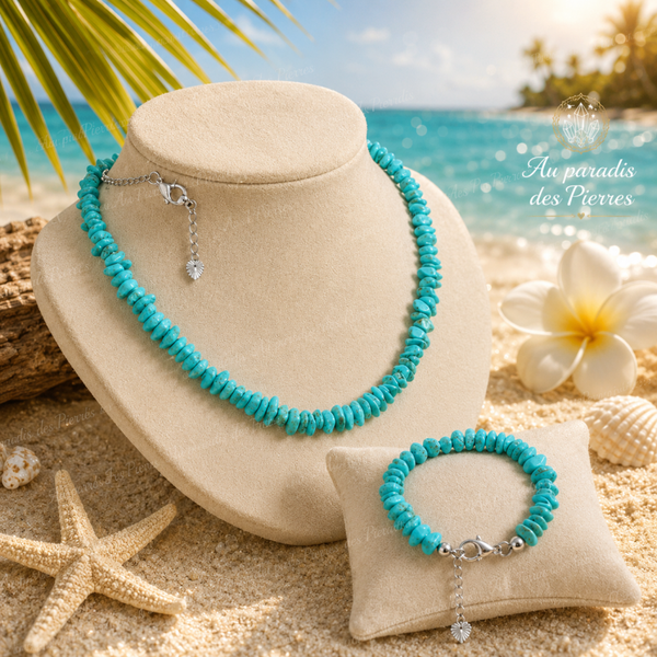 Parure collier et bracelet réglable turquoise perles chips