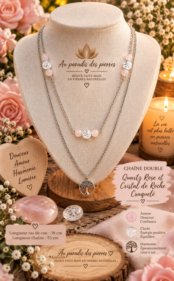 Chaîne double quartz rose et cristal de roche craquelé