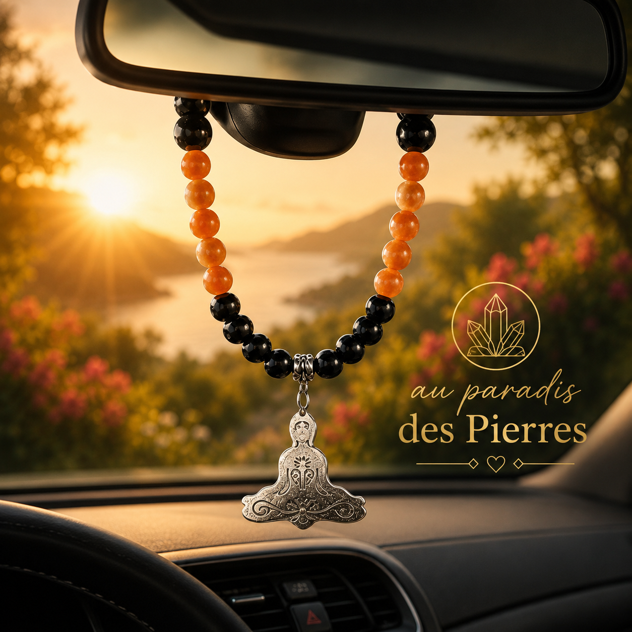 Bijoux rétroviseur pierre de lave et pierre du soleil