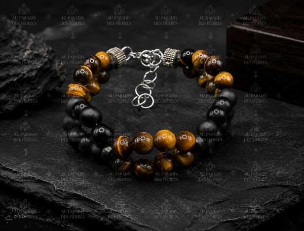 Bracelet réglable croisé œil de tigre et onyx mat