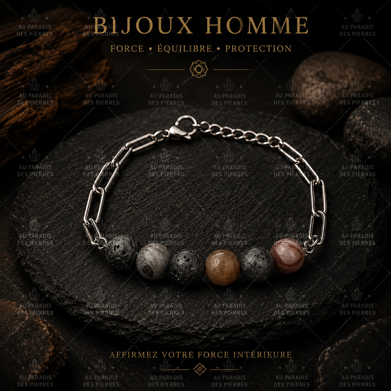 Bracelet réglable acier inoxydable pierre de lave et agate du botwsana 10mm