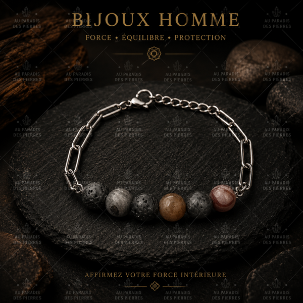 Bracelet réglable acier inoxydable pierre de lave et agate du botwsana 10mm