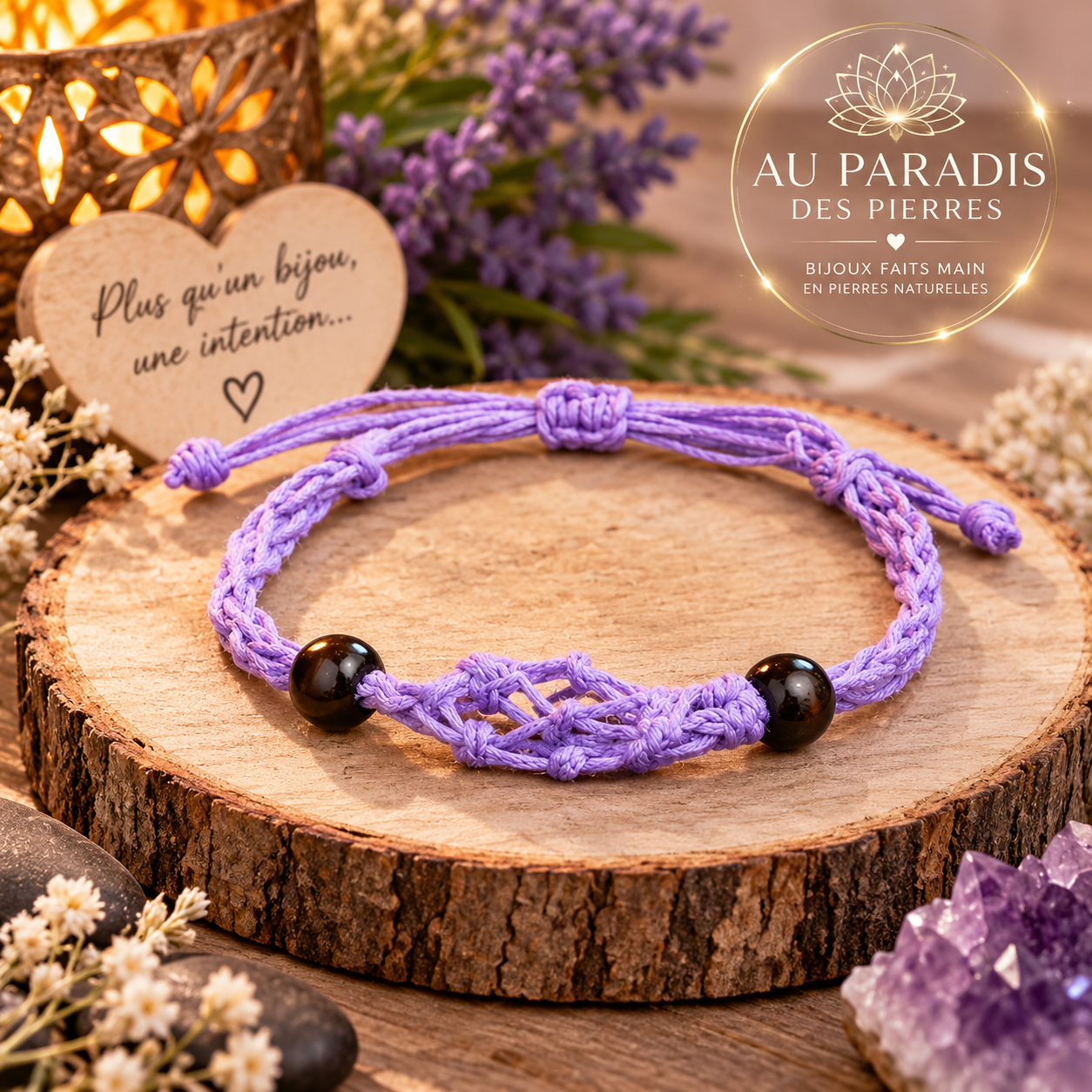 Bracelet en corde réglable porte pierre violet