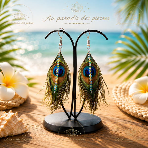 Boucle d’oreilles plume de paon et Aqua aura