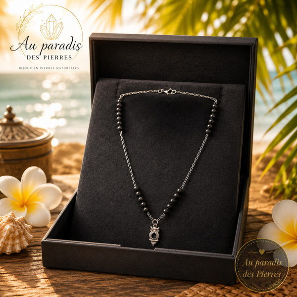 Chaîne pendentif hiboux Pierre de lave