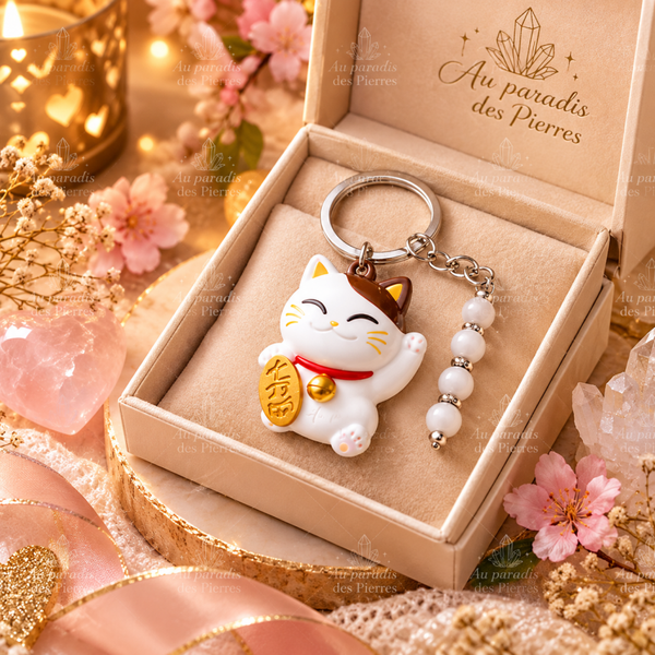 Porte clé maneki neko blanc et Pierres agate du botwsana