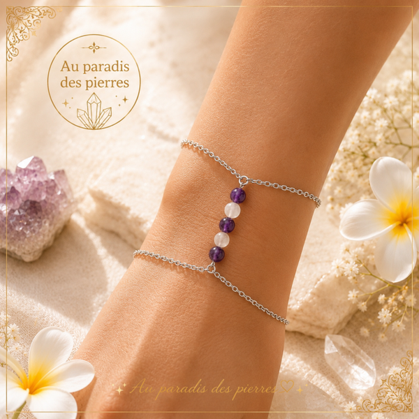 Bracelet chaînette double améthyste et cristal de roche