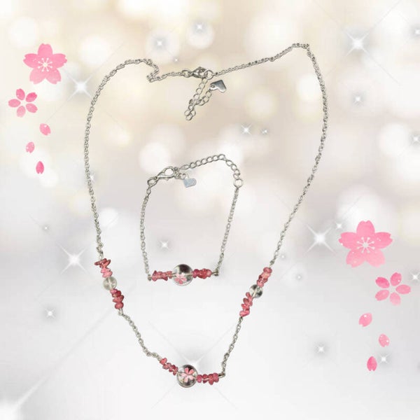 Parure chaîne et bracelet réglable fleur de Sakura