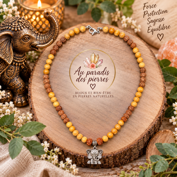 Collier jaspe bois  et rudraksha