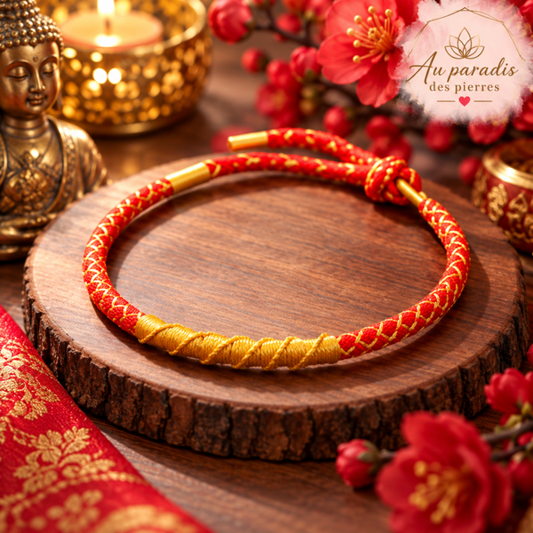 Bracelet Tibétain en Fil Doré & Fil Rouge, Nœud Écailles de Dragon Ajustable