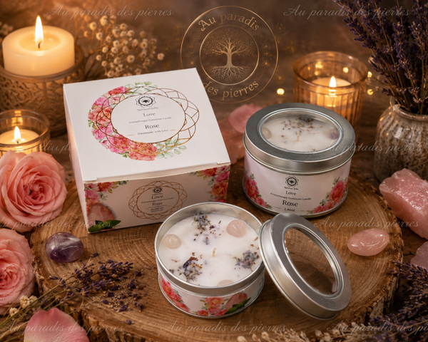 Bougie Green Tree “Amour ,quartz rose et roses