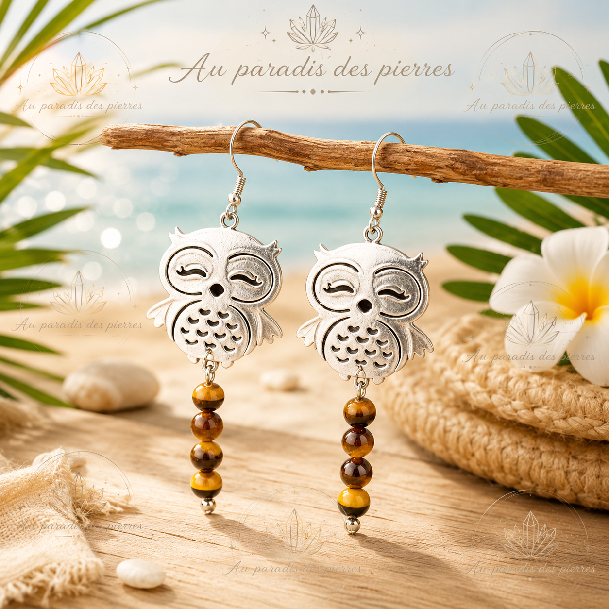 Boucle d’oreilles hibou et œil de tigre