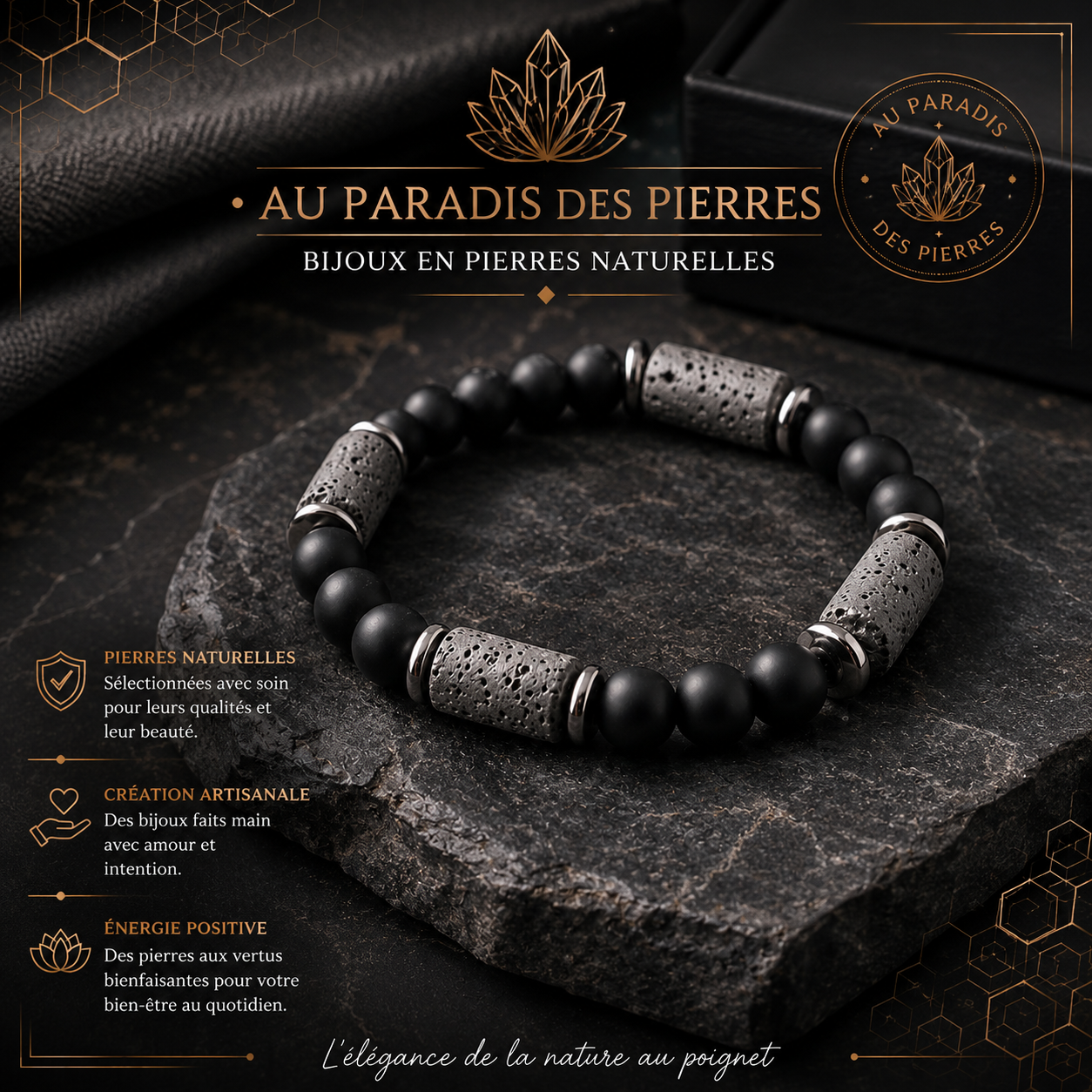 Bracelet Onyx Matt et pierre de lave