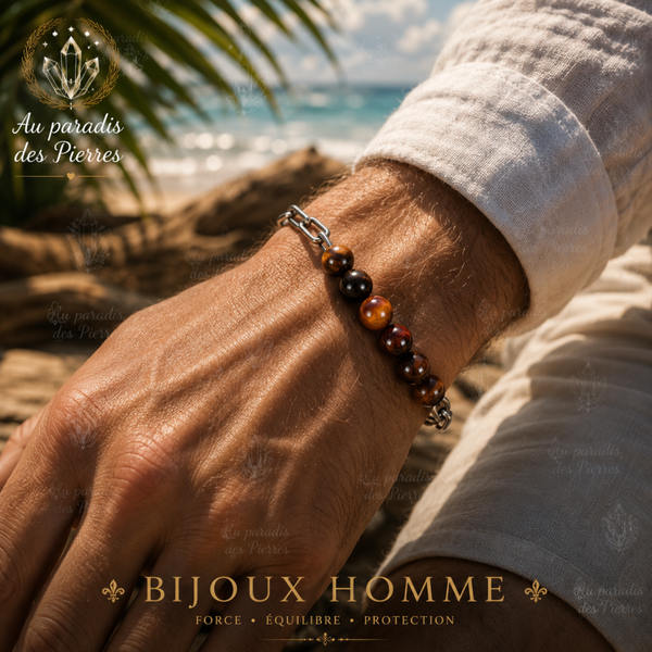 Bracelet réglable acier inoxydable pierre œil de taureau 10mm