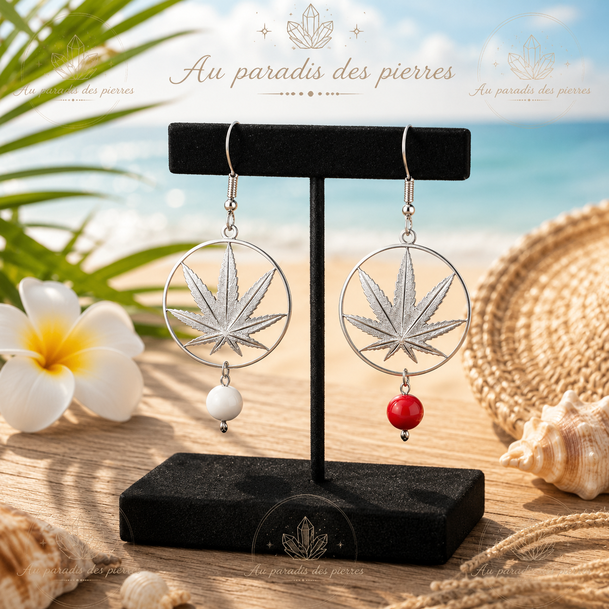 Boucles d’oreilles feuilles d’érable et pierres dépareillées