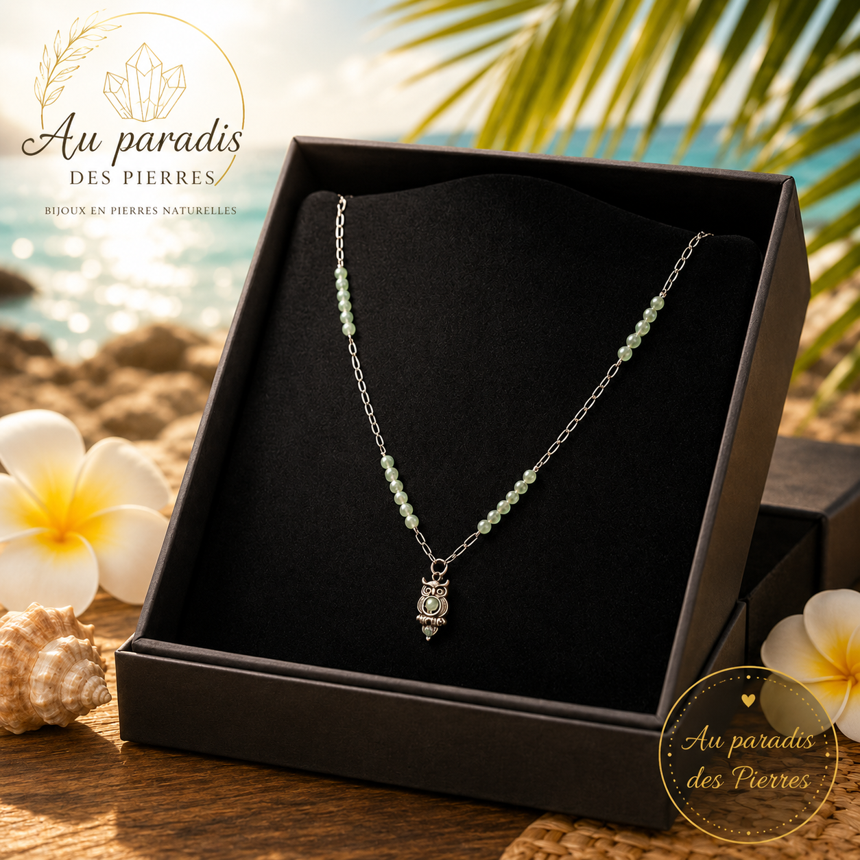 Chaîne pendentif hiboux aventurine