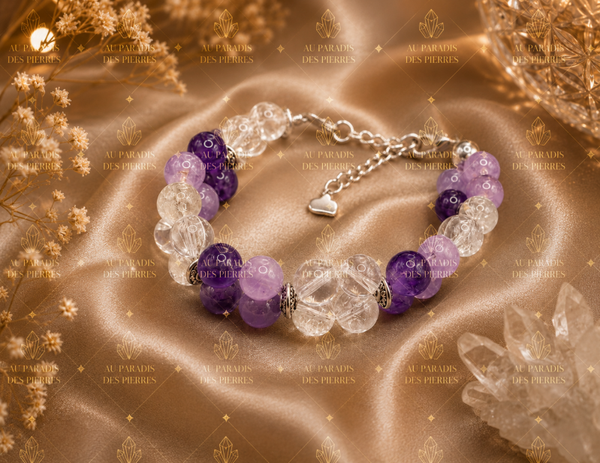 Bracelet réglable croisé double améthyste et cristal de roche