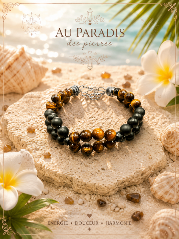 Bracelet réglable croisé œil de tigre et onyx mat