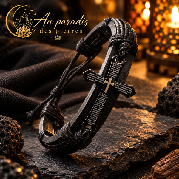 Bracelets réglables cuir noir et croix en métal argenté