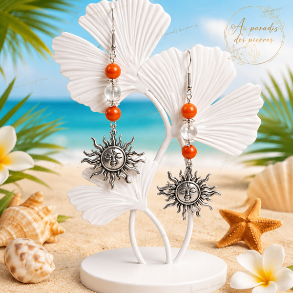 Boucles pendantes cornaline  et  Aqua aura blanche