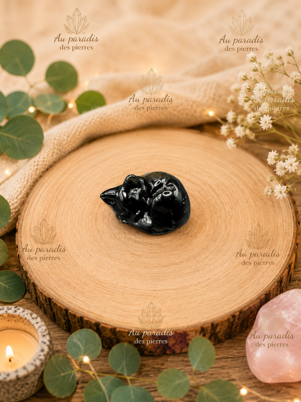 Chat couché en obsidienne