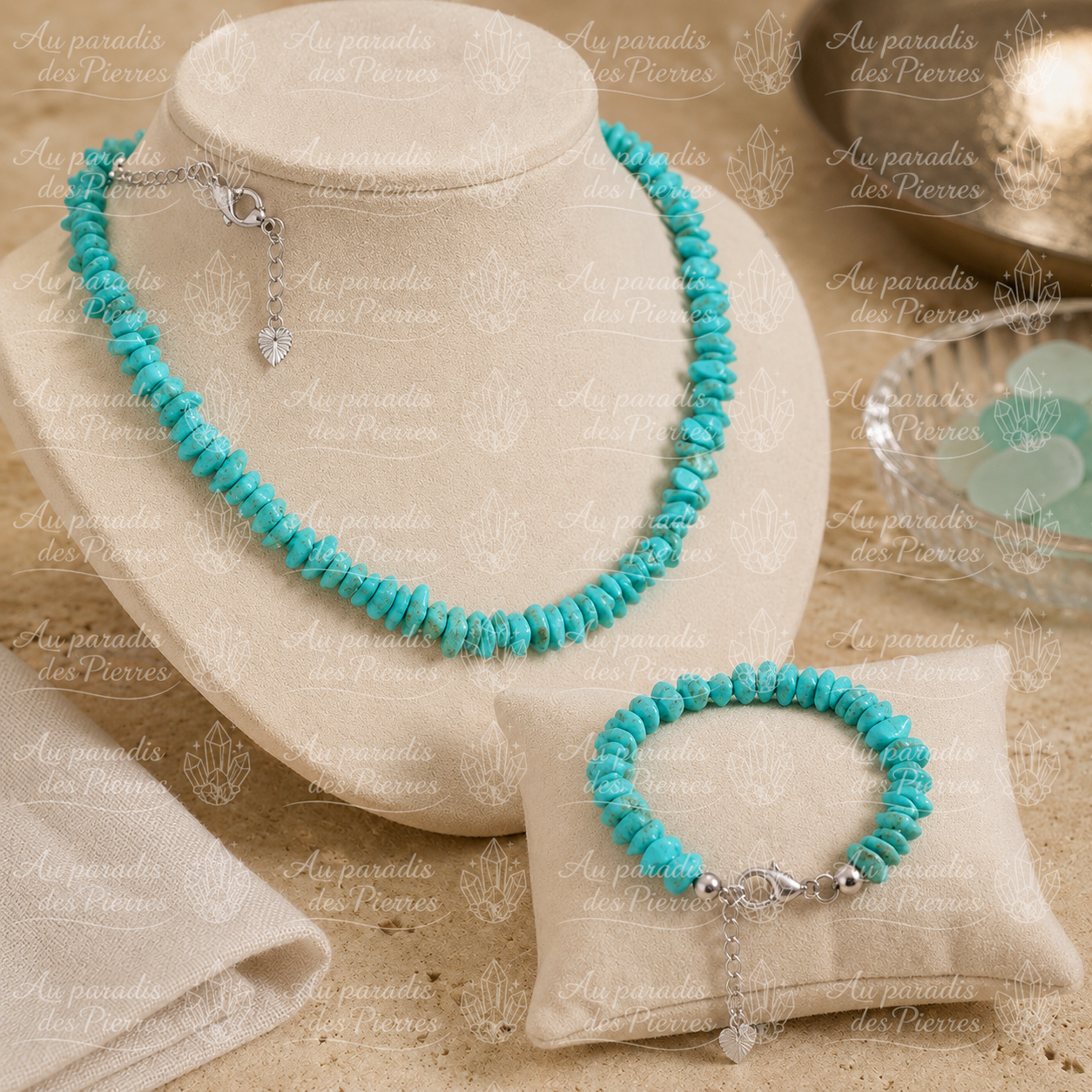 Parure collier et bracelet réglable turquoise perles chips