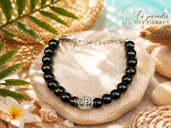 Bracelet réglable en Agathe noir fil d’or