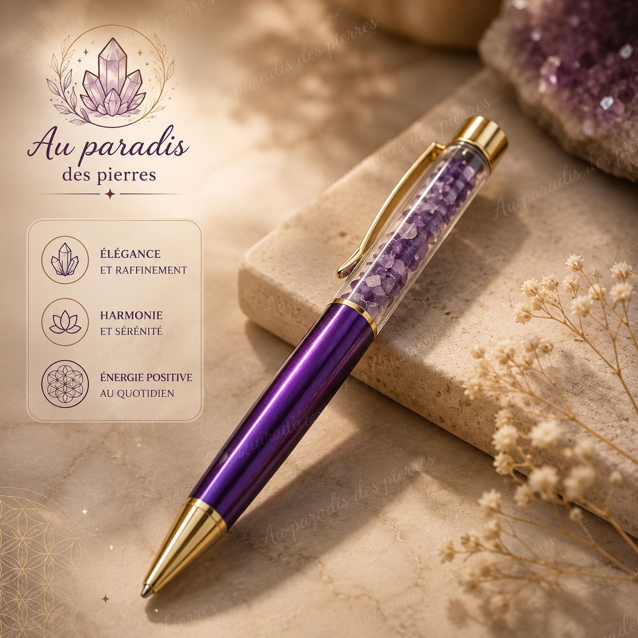Stylo avec pierres naturelles amethyste