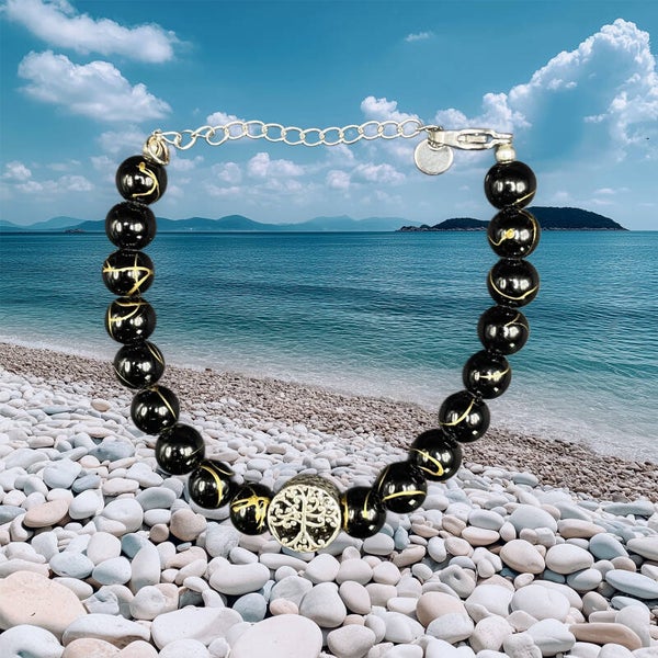Bracelet réglable en Agathe noir fil d’or