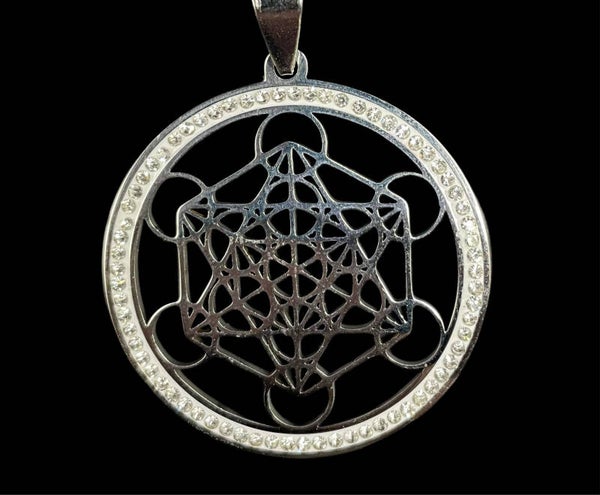 Pendentif Metatron argenté strass acier inoxydable
