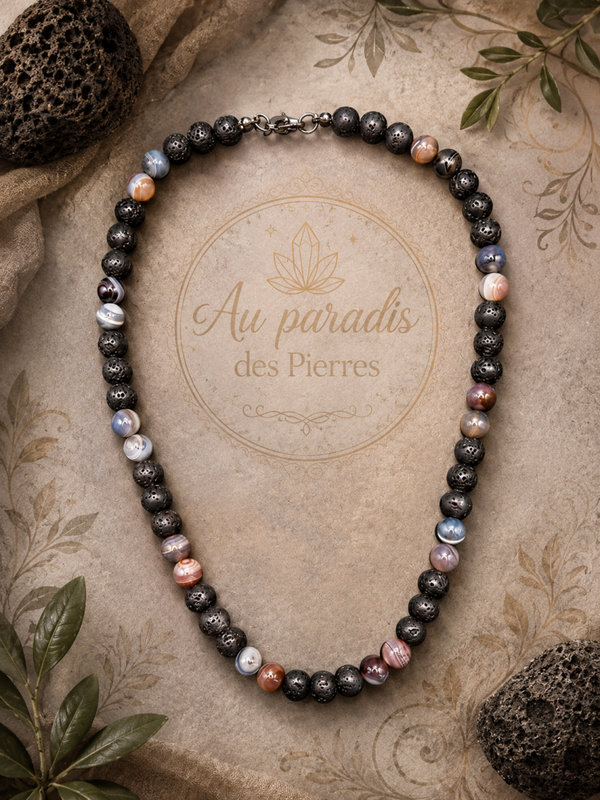 Collier homme pierre de lave et agate du botwsana en 10 mm