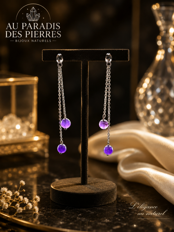 Boucles d oreilles chainette pendante amethyste