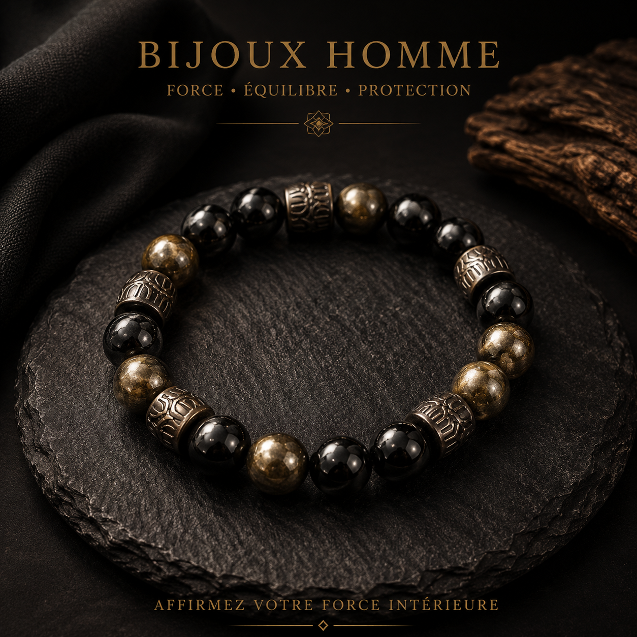 Bracelet obsidienne doré 10mm