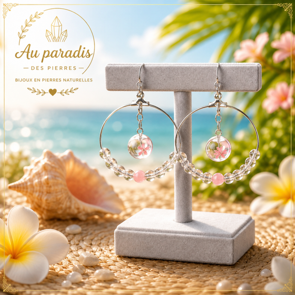 Créoles "Douceur Sakura" - Cristal de roche & Quartz rose