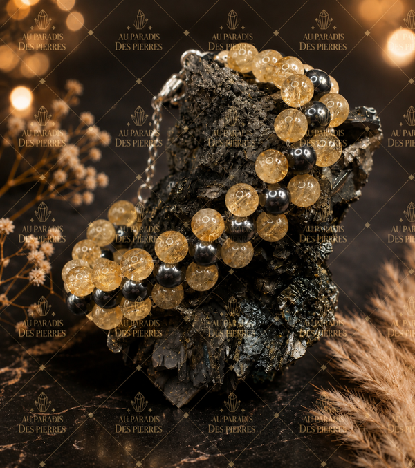 Bracelet tressé réglable citrine(chauffée)et hématite