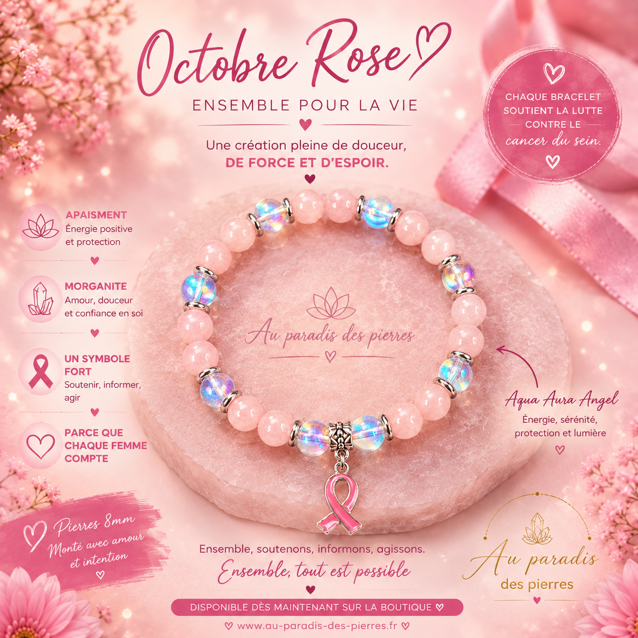 🌸Bracelet octobre rose « Morganite et aqua aura angel