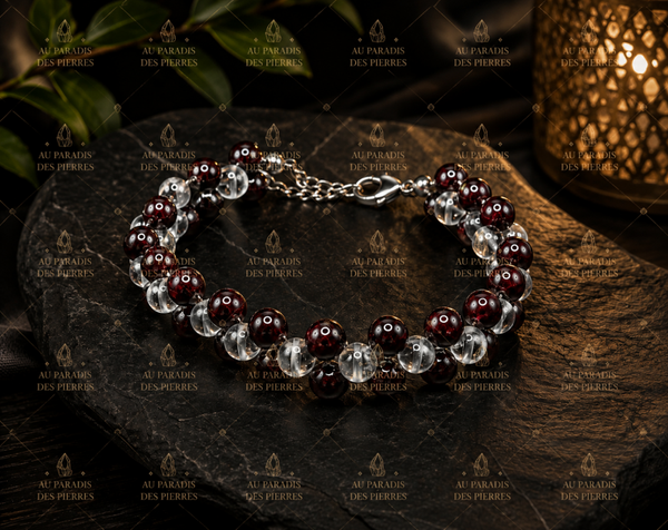 Bracelet tressé réglable grenat et cristal de roche