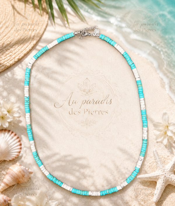 Collier perles heishi turquoise de Chine et howlite