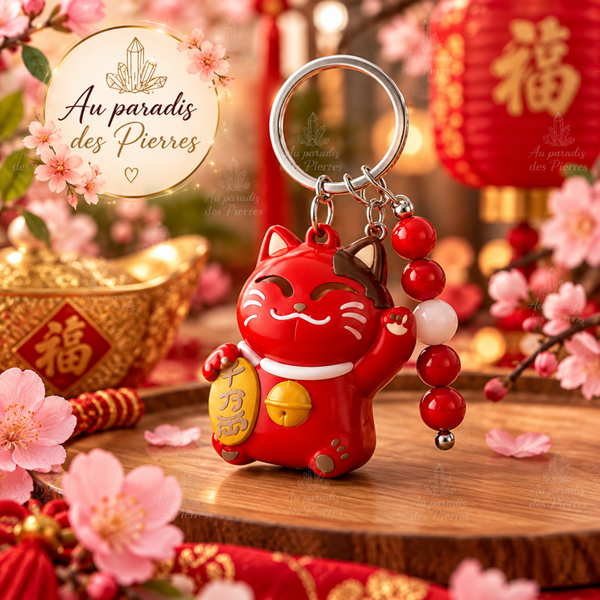Porte clé maneki neko rouge et pierre de cinabre